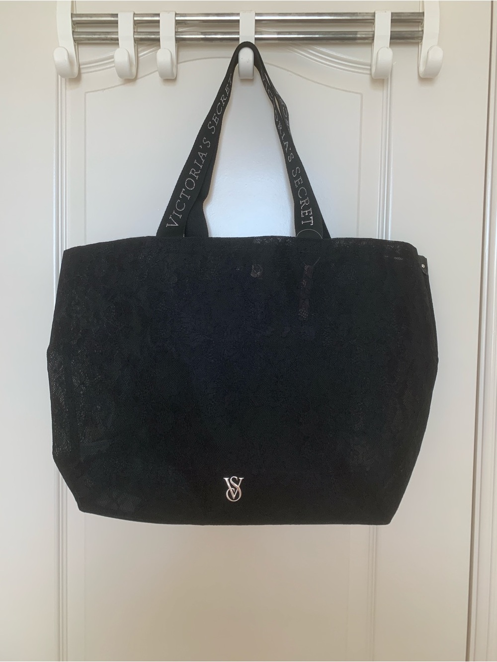 Victoria's Secret Black Lace Tote Bag Diamante Logo Straps NWT